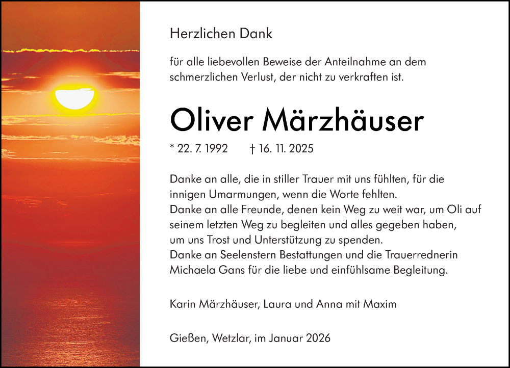  Traueranzeige für Oliver Märzhäuser vom 03.01.2026 aus Wetzlarer Neue Zeitung
