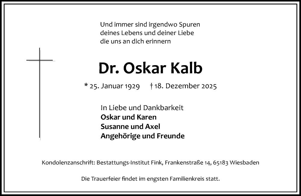  Traueranzeige für Oskar Kalb vom 03.01.2026 aus Wiesbadener Kurier