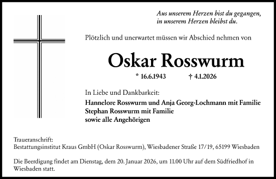 Traueranzeige von Oskar Rosswurm von Wiesbadener Kurier