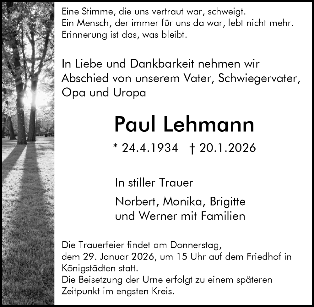  Traueranzeige für Paul Lehmann vom 24.01.2026 aus Rüsselsheimer Echo