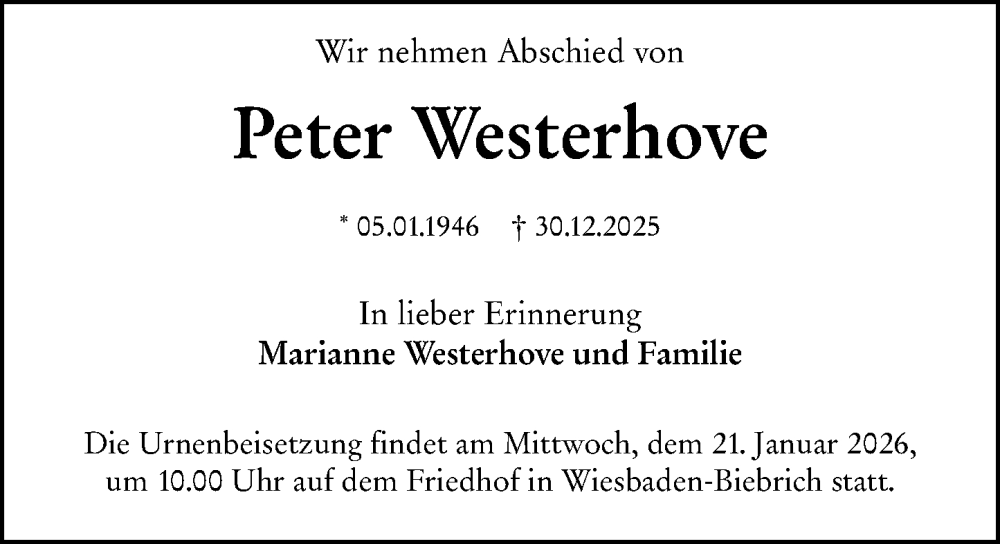  Traueranzeige für Peter Westerhove vom 17.01.2026 aus Wiesbadener Kurier