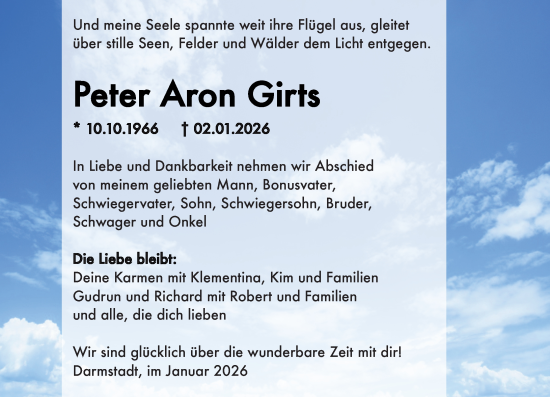 Traueranzeige von Peter Aron Girts von Darmstädter Echo