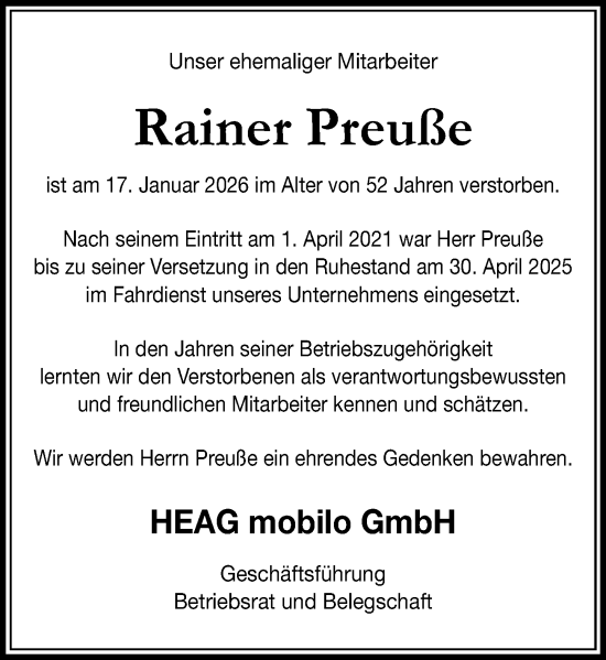 Traueranzeige von Rainer Preuße von Darmstädter Echo