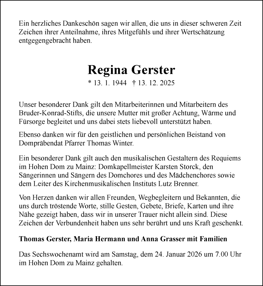 Traueranzeige für Regina Gerster vom 10.01.2026 aus Allgemeine Zeitung Mainz