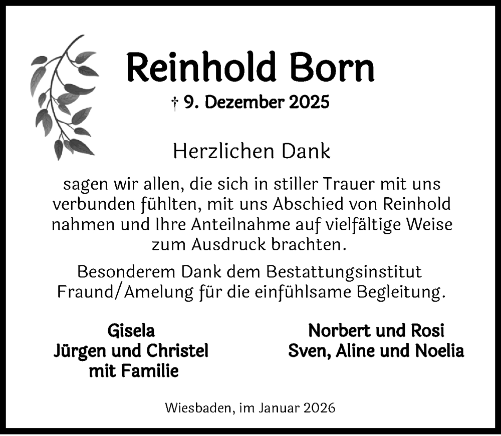  Traueranzeige für Reinhold Born vom 17.01.2026 aus Wiesbadener Kurier