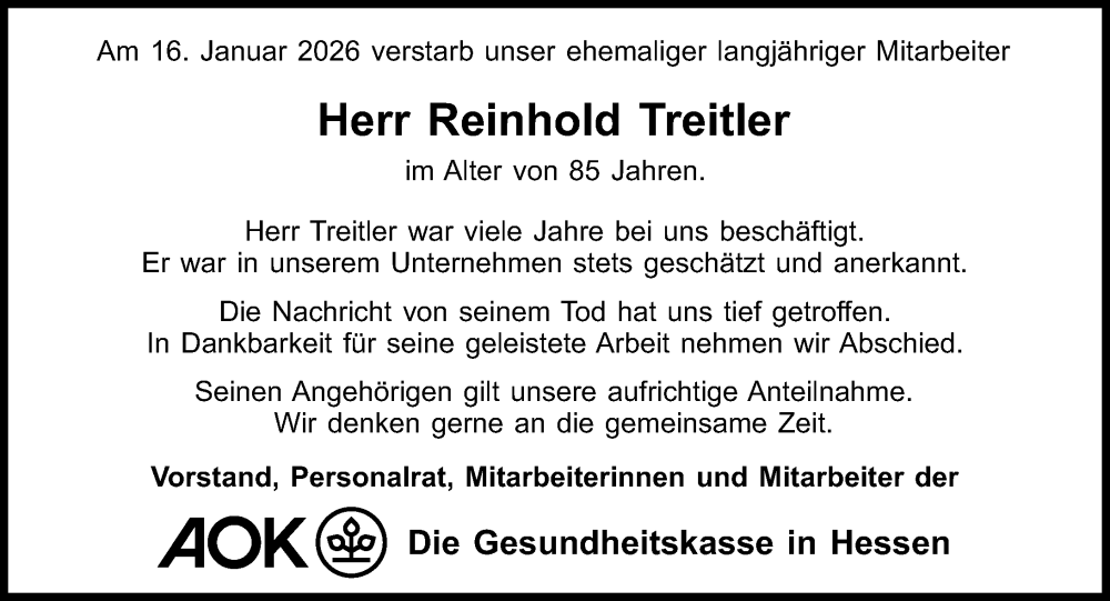  Traueranzeige für Reinhold Treitler vom 28.01.2026 aus Wiesbadener Kurier