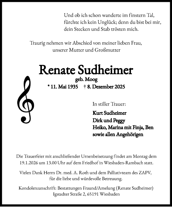 Traueranzeige von Renate Sudheimer von Wiesbadener Kurier