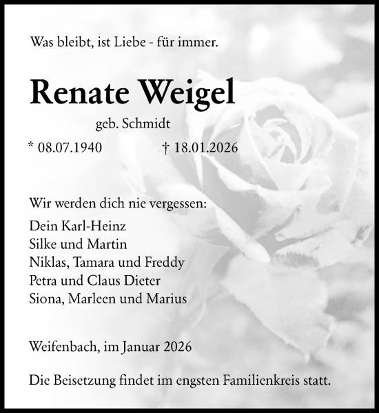Traueranzeige von Renate Weigel von Hinterländer Anzeiger