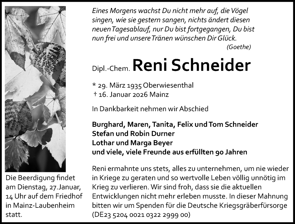  Traueranzeige für Reni Schneider vom 24.01.2026 aus Allgemeine Zeitung Mainz