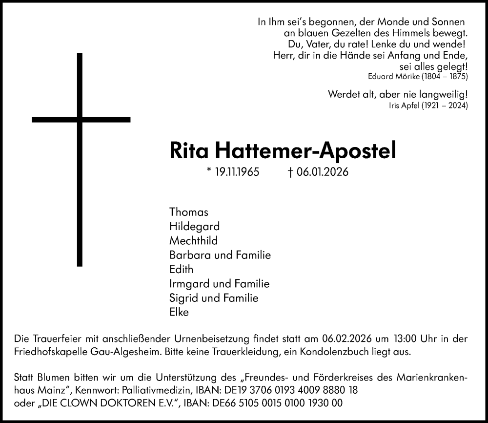  Traueranzeige für Rita Hattemer-Apostel vom 24.01.2026 aus Allgemeine Zeitung Rheinhessen-Nahe