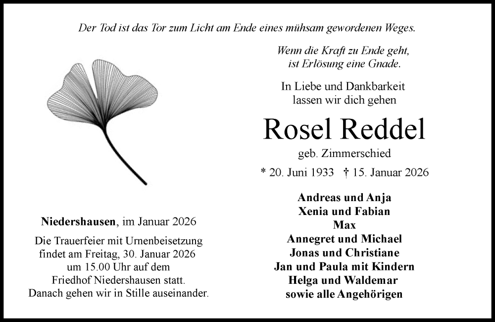  Traueranzeige für Rosel Reddel vom 24.01.2026 aus Weilburger Tageblatt