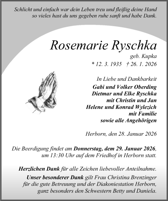 Traueranzeige von Rosemarie Ryschka von Dill Block