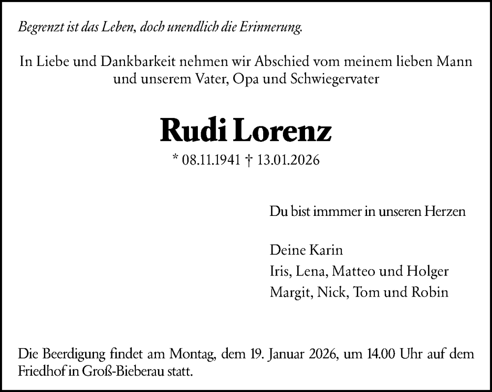  Traueranzeige für Rudi Lorenz vom 17.01.2026 aus Darmstädter Echo