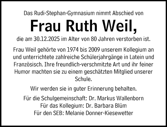 Traueranzeige von Ruth Weil von Wormser Zeitung