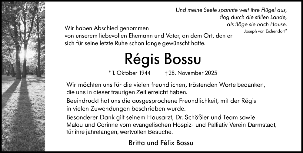  Traueranzeige für Régis Bossu vom 10.01.2026 aus Darmstädter Echo