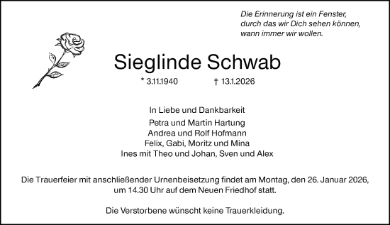 Traueranzeige von Sieglinde Schwab von Hochheimer Zeitung