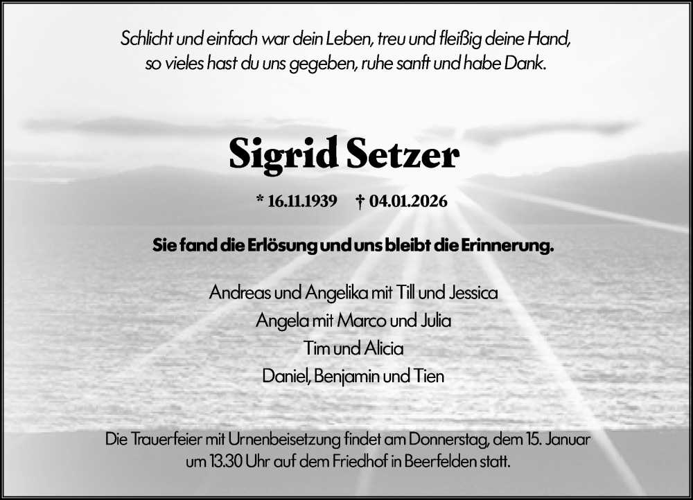  Traueranzeige für Sigrid Setzer vom 10.01.2026 aus Odenwälder Echo