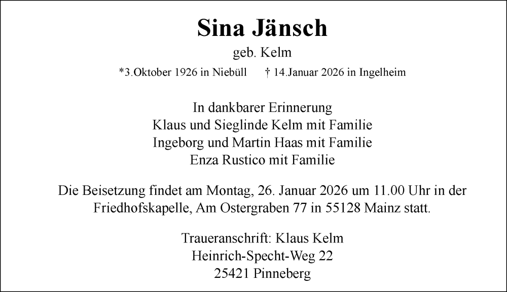  Traueranzeige für Sina Jänsch vom 24.01.2026 aus Allgemeine Zeitung Mainz