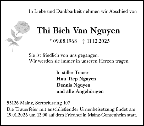 Traueranzeige von Thi Bich Van Nguyen von Allgemeine Zeitung Mainz