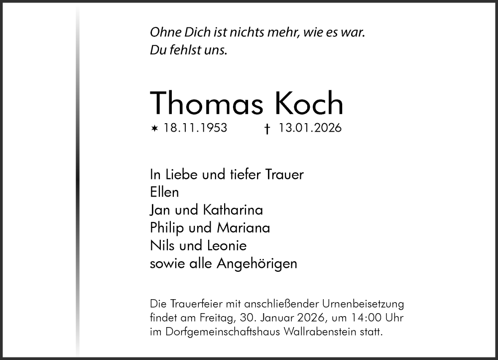  Traueranzeige für Thomas Koch vom 24.01.2026 aus Wiesbadener Kurier