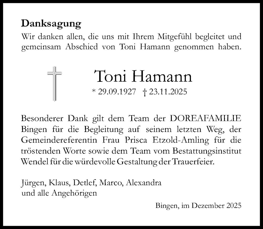  Traueranzeige für Toni Hamann vom 03.01.2026 aus Allgemeine Zeitung Rheinhessen-Nahe