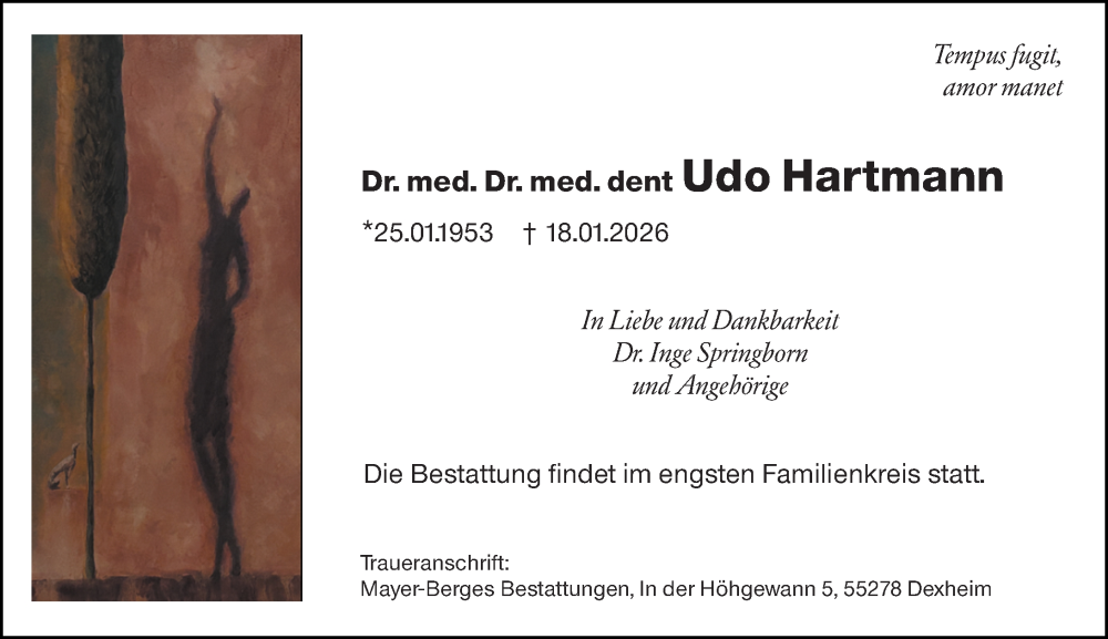  Traueranzeige für Udo Hartmann vom 24.01.2026 aus Allgemeine Zeitung Mainz