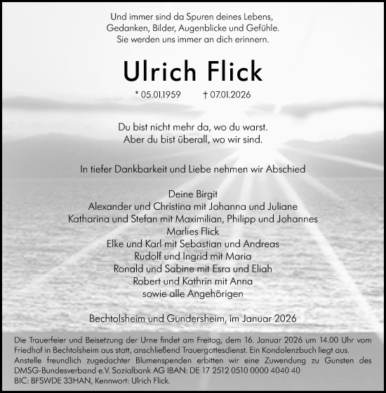 Traueranzeige von Ulrich Flick von Allgemeine Zeitung Alzey