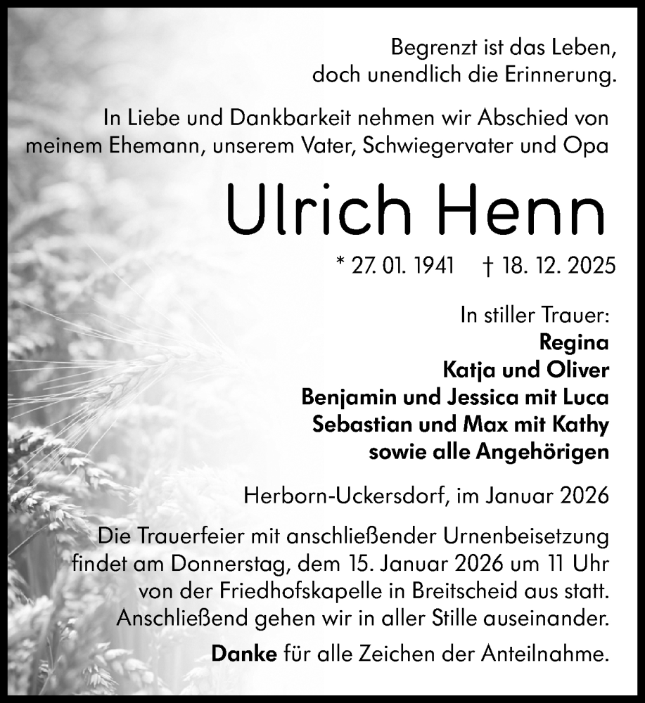 Traueranzeige für Ulrich Henn vom 10.01.2026 aus Dill Block