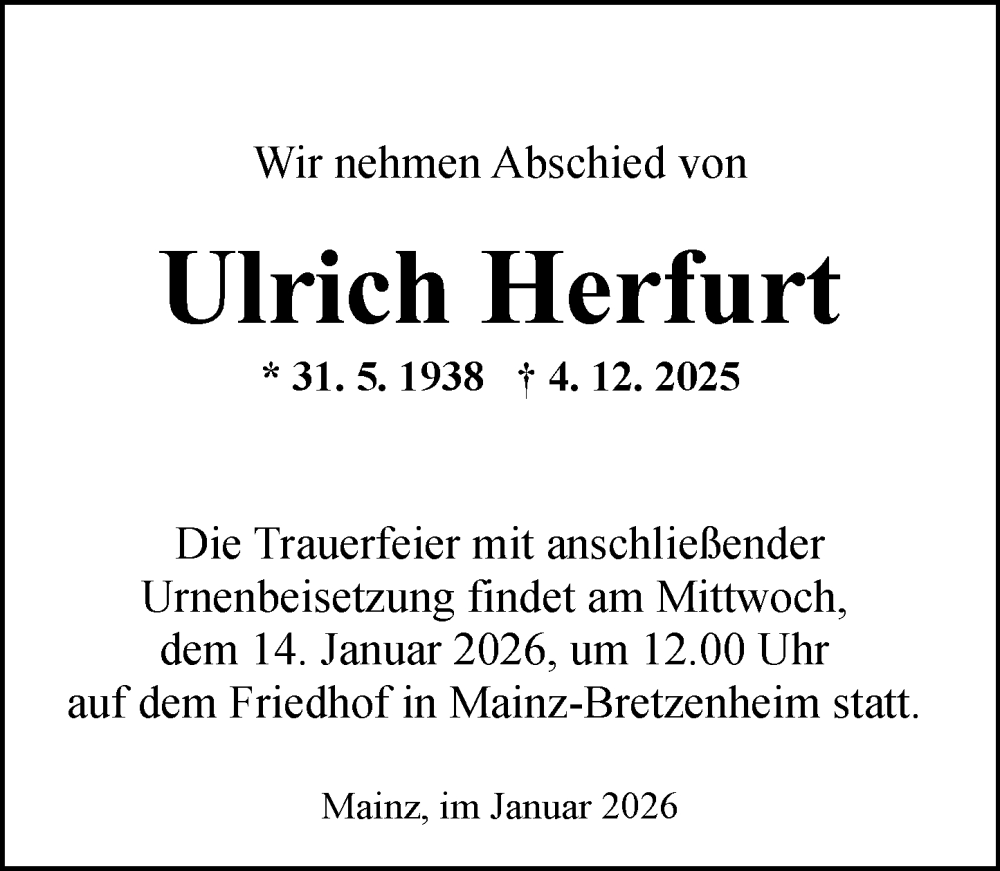  Traueranzeige für Ulrich Herfurt vom 03.01.2026 aus Allgemeine Zeitung Mainz