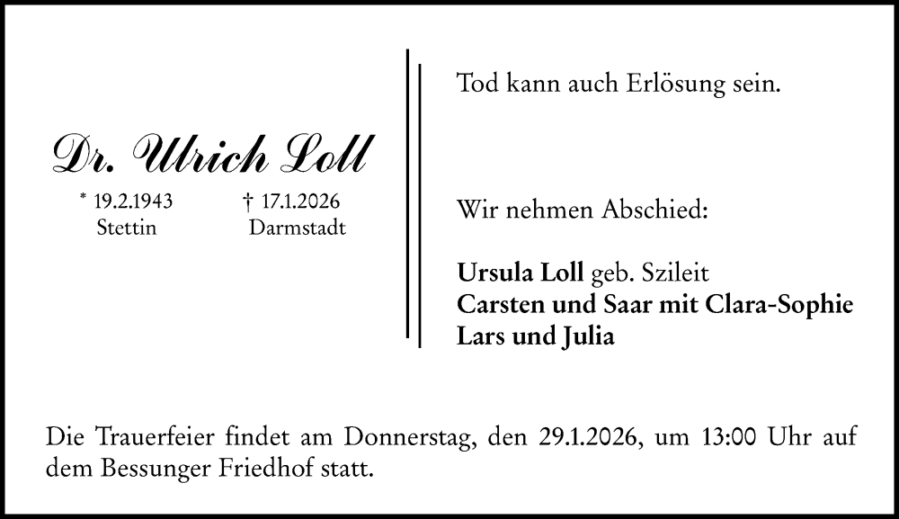  Traueranzeige für Ulrich Loll vom 24.01.2026 aus Darmstädter Echo