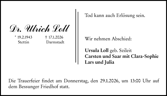 Traueranzeige von Ulrich Loll von Darmstädter Echo