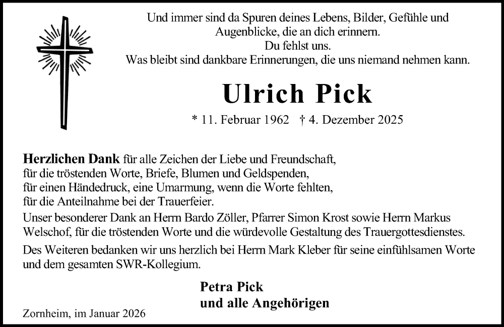  Traueranzeige für Ulrich Pick vom 10.01.2026 aus Allgemeine Zeitung Mainz