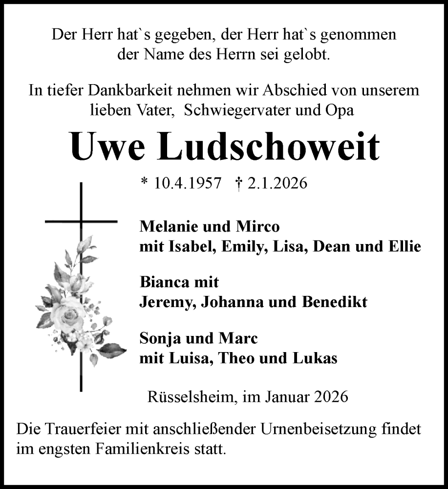  Traueranzeige für Uwe Ludschoweit vom 10.01.2026 aus Rüsselsheimer Echo