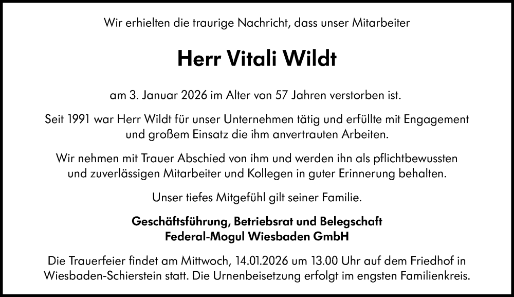  Traueranzeige für Vitali Wildt vom 10.01.2026 aus Wiesbadener Kurier