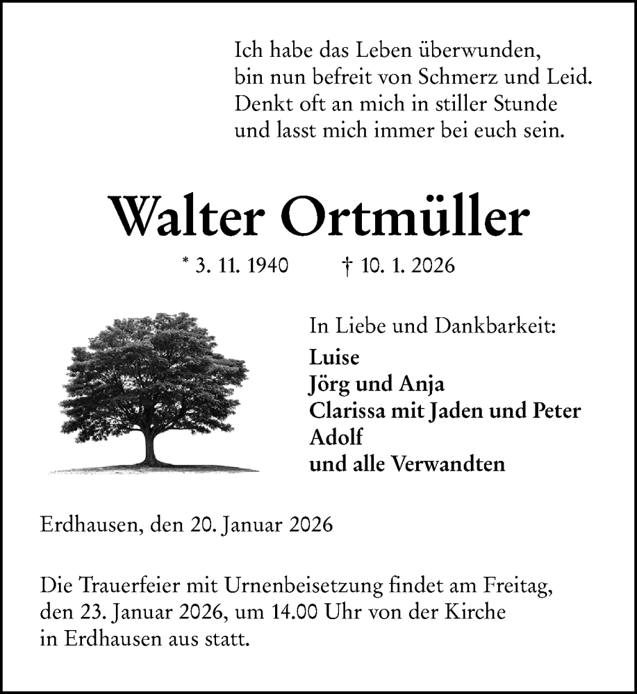  Traueranzeige für Walter Ortmüller vom 20.01.2026 aus Hinterländer Anzeiger