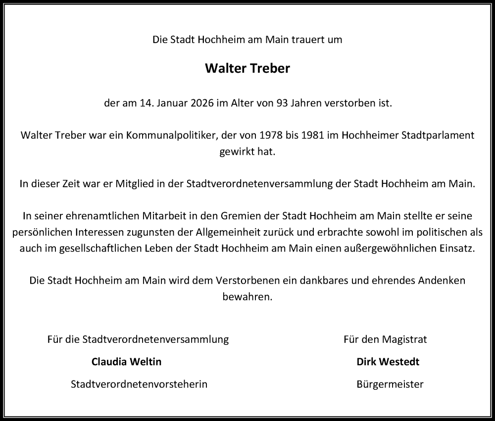  Traueranzeige für Walter Treber vom 23.01.2026 aus Hochheimer Zeitung