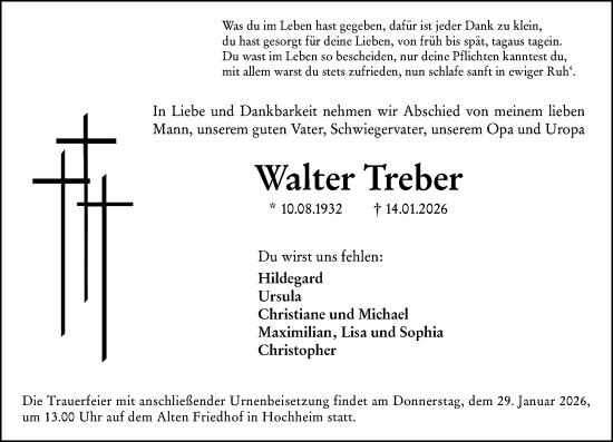Traueranzeige von Walter Treber von Hochheimer Zeitung