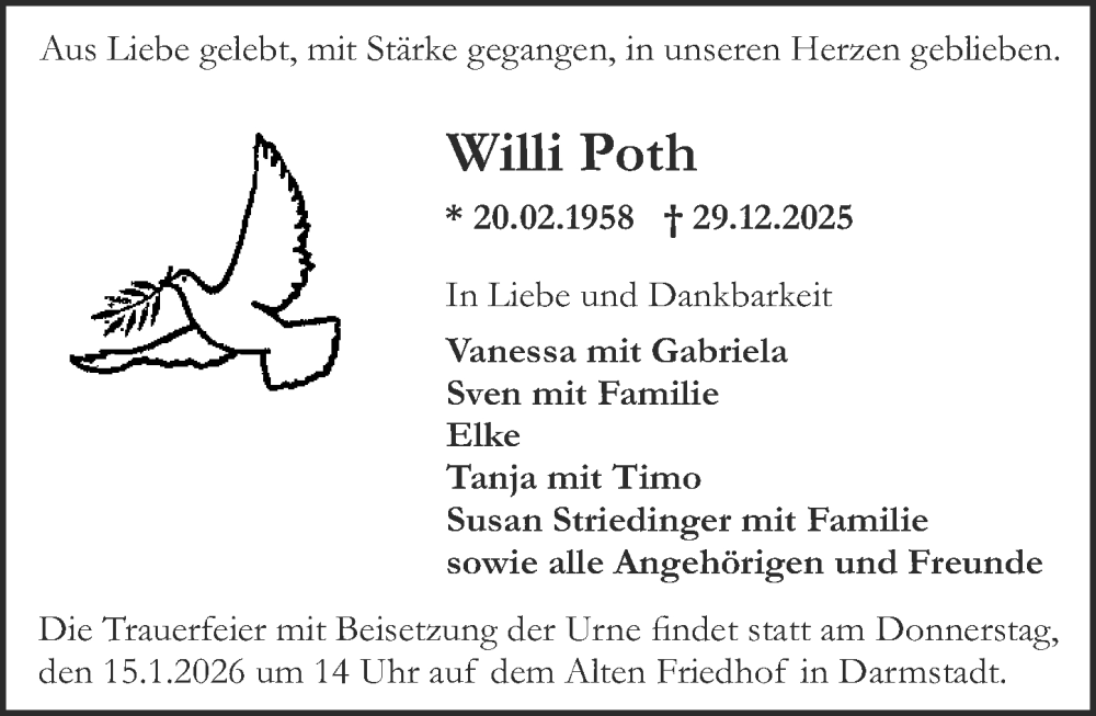  Traueranzeige für Willi Poth vom 10.01.2026 aus Darmstädter Echo