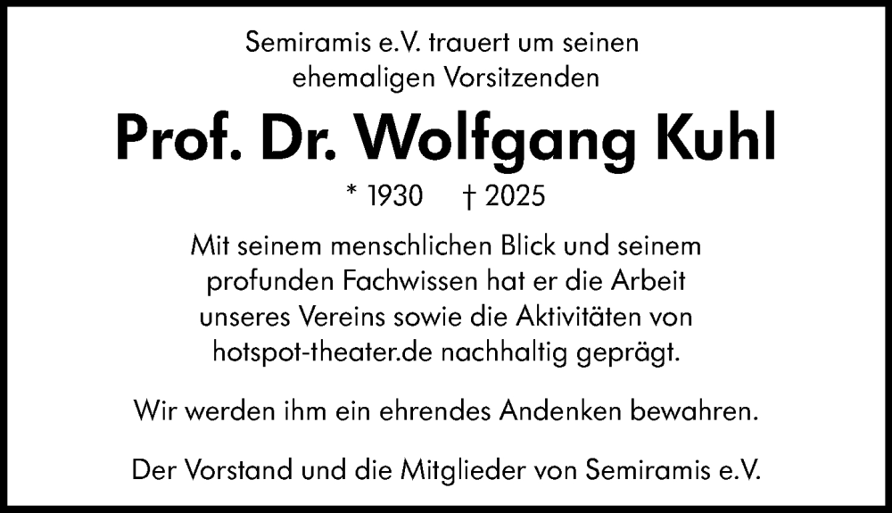  Traueranzeige für Wolfgang Kuhl vom 17.01.2026 aus Wiesbadener Kurier