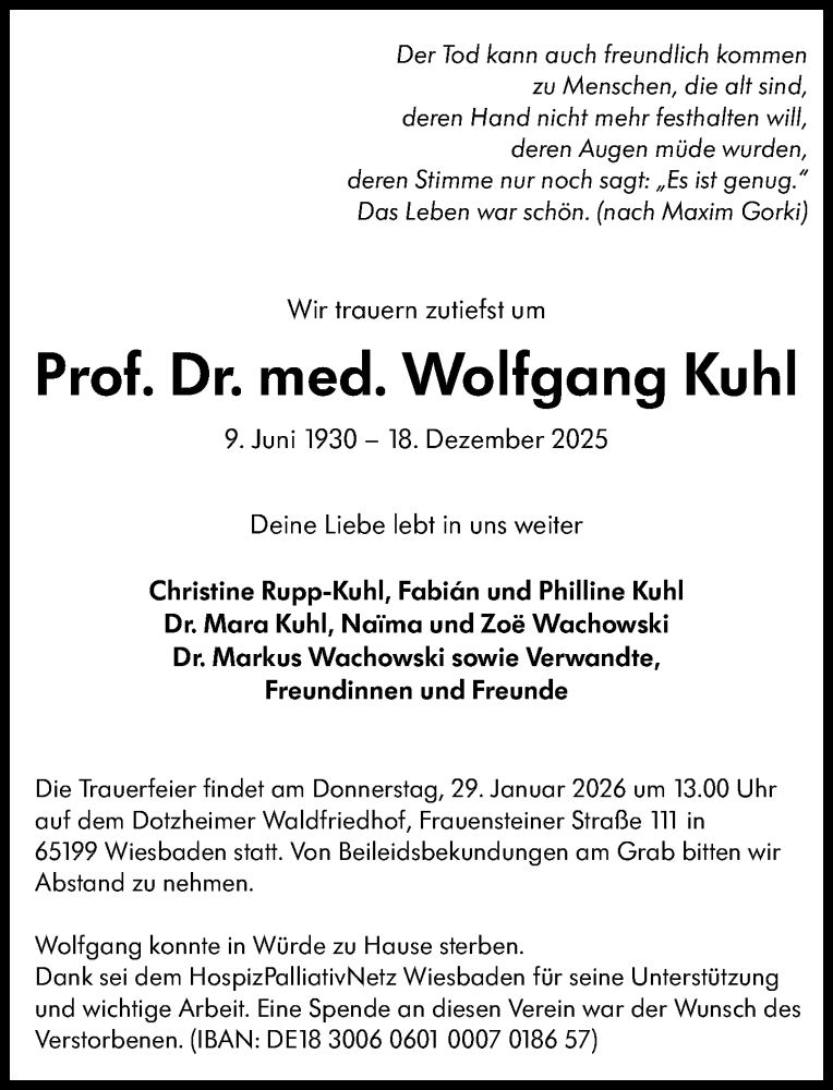  Traueranzeige für Wolfgang Kuhl vom 17.01.2026 aus Wiesbadener Kurier