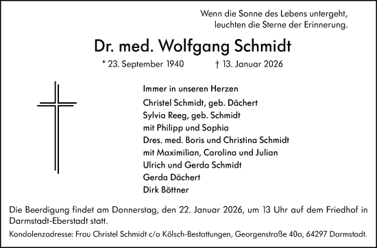 Traueranzeige von Wolfgang Schmidt von Darmstädter Echo