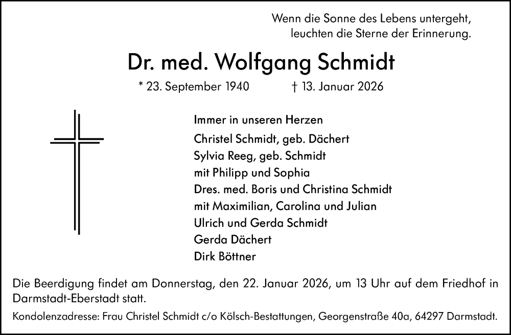  Traueranzeige für Wolfgang Schmidt vom 17.01.2026 aus Darmstädter Echo